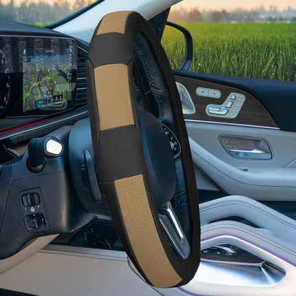 FH Group FH2002BEIGEBLACK Steering Wheel Cover (Deluxe Full Grain Authentic Leather Beige/Black)