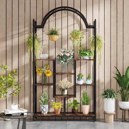 Tribesigns 5-Tier Plant Stand Indoor, 190 cm Tall Arched Plant Shelf with Hanging Hooks, Large Bonsai Pots Display Rack for Indoor, Balcony, Living Room