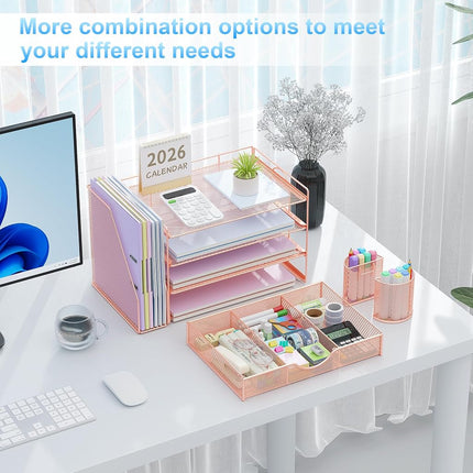 gianotter Paper Letter Tray Organizer with File Holder, 4-Tier Desk Accessories & Workspace Desk Organizers with Drawer and 2 Pen Holder for Office Supplies (Rose Gold)