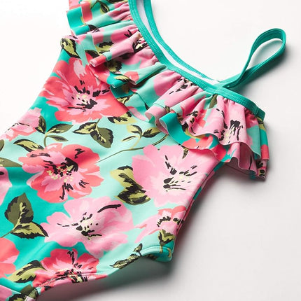 Traje de baño de una pieza con volantes y un solo hombro Kanu Surf Morgan Floral para niña, rosa/verde Flower Power, 14