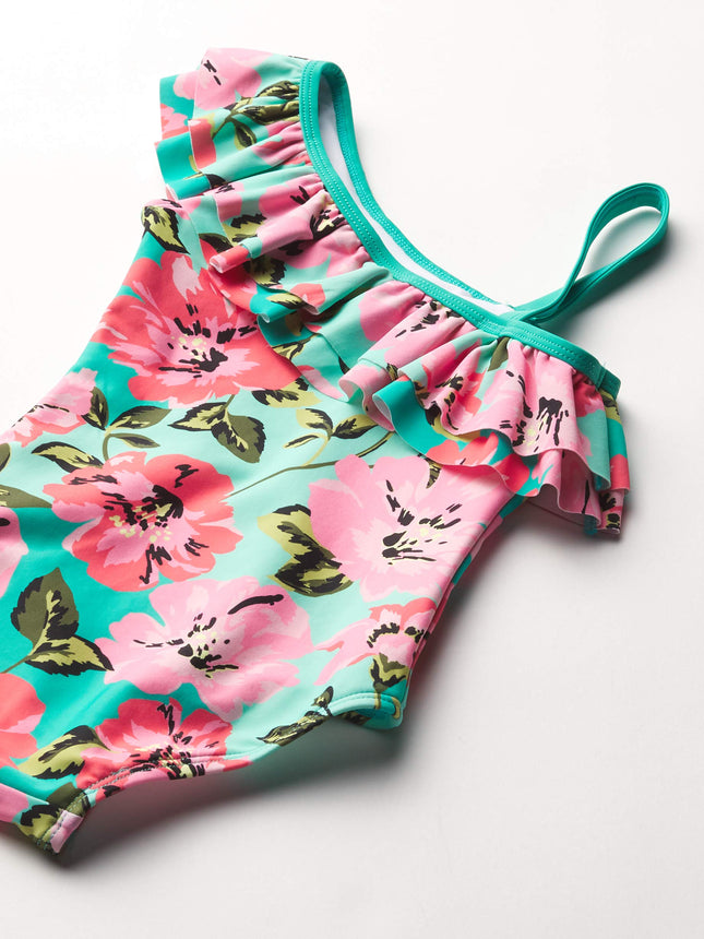Kanu Surf Maillot de bain une pièce Morgan à volants et une épaule pour fille, Power Floral Rose/Vert, 14
