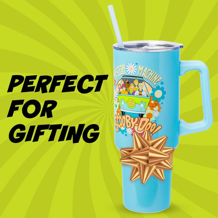 Silver Buffalo Scooby Doo Mystery Machine Featuring Shaggy, Velma, Fred and Daphne Stainless Steel Tumbler with Handle and Straw, Fits in Standard Cup Holder, 40 Ounces