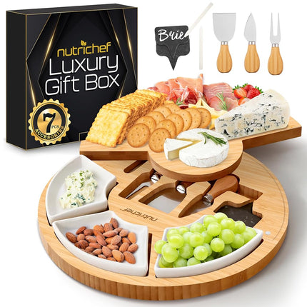 NutriChef Bamboo Cheese Board & Knife Set, Charcut