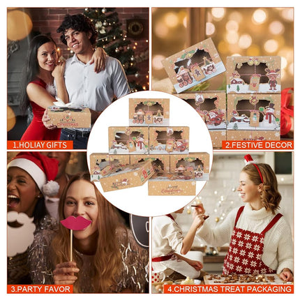 Lot de 12 boîtes à biscuits de Noël, boîtes à friandises pliables avec fenêtre, pour pâtisseries, cupcakes, bonbons et cadeaux, boîtes de boulangerie en kraft de qualité alimentaire, boîtes à biscuits Renne Père Noël, style A