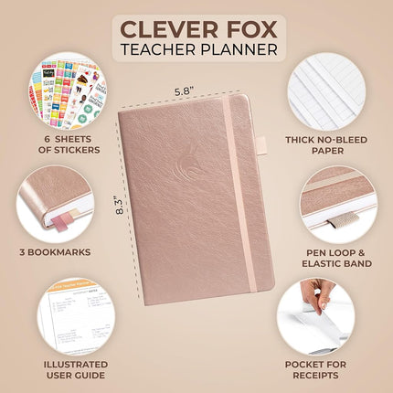 Clever Fox Teacher Planner – School Year Planner with Calendars & Lesson Plans – Teacher Plan Book for Classroom & Homeschool Organization - Undated, Hardcover (Rose Gold), A5 (5.8'' x 8.3'')