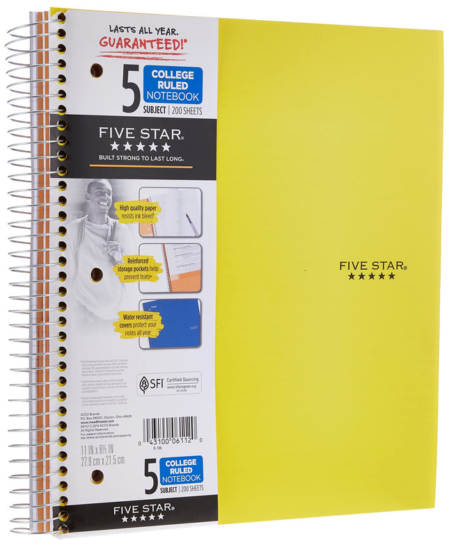 Five Star Spiral Notebooks, 5 Subject, College Rul
