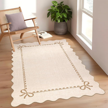 GarveeHome Scalloped Bow Rug 3x5 Washable Beige Rug for Bedroom Living Room