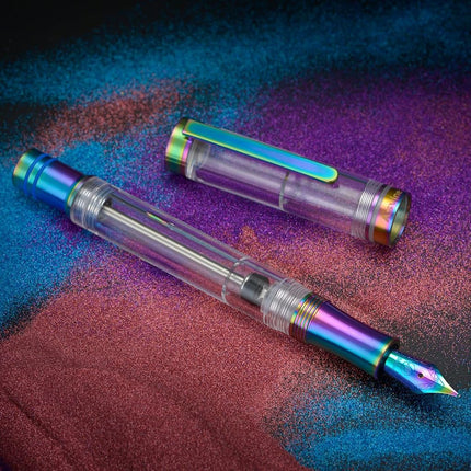 Asvine V200 Titanium Fountain Pen Vacuum Filling, Rainbow Bock Medium Nib Transparent Acrylic Smooth Writing Pen Case Set