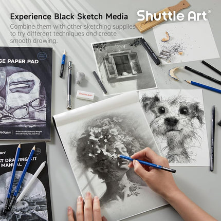 Shuttle Art Sketching and Drawing Pencils Set, 124 Pack Sketch Art Pencil Set with 4 Drawing Pads, Graphite Pencils in Zipper Case, Colouring Pencils for Artist Sketching, Art Set for Adults, Beginner