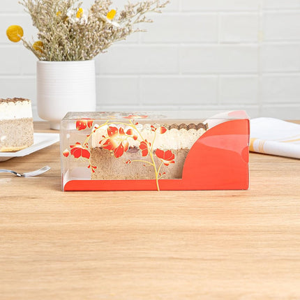 Restaurantware-7 Inch x 2.5 Inch Clear Dessert Boxes, 100 Red Paper Sleeve Transparent Candy Boxes - Bird Accent, No Grease Lining, Clear Plastic Clear Favor Boxes, Crack Resistant, Disposable