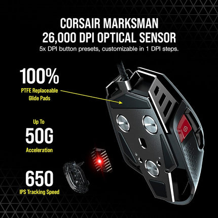 Corsair M65 RGB Ultra Tunable FPS Gaming Mouse Marksman 26,000 DPI Optical Sensor, Optical Switches, AXON Hyper-Processing Technology, Sensor Fusion Control, Tunable Weight System - Black