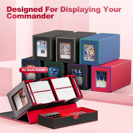 UAONO Card Deck Box for MTG, Double Card Storage Box with 2 Commander Display & 1 Dice Tray, Fits 200+ Double Sleeved Cards, Card Organizer for CCG TCG Sports Cards (Black Red)