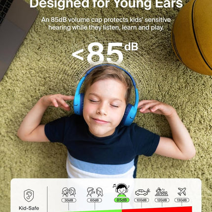 Belkin SoundForm Mini - Wireless Bluetooth Kids Headphones, 30H Battery, 85dB Safe Volume Limit, Built-in Microphone - Toddler On-Ear Earphones for iPhone, iPad, Fire Tablet, Ideal for School - Blue