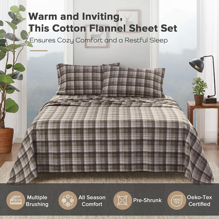 WOOLRICH Cotton Sheet Set Cottage Charms Print, 100% Cotton Flannel Sheets Warm & Fuzzy Bedding Set King Size Sheets, Fitted Pocket Fits Up to 14" Mattress, King Brown Plaid, 4 Piece
