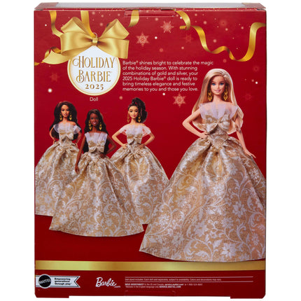 Barbie Signature Doll, 2025 Holiday Barbie Blonde Fashion, Wearing Silver & Gold Gown, Seasonal Collector in Displayable Packaging & Stand, JBJ00