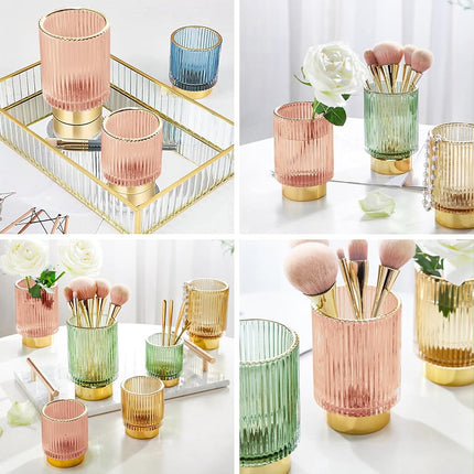 DASITON Makeup Brush holder Organizer,Crystal Cosmetic Makeup Brush Glass Brushes Storage Holder, Vintage Make Up Brush Cup Pen Pencil Holder striped vase(Pink S+L)