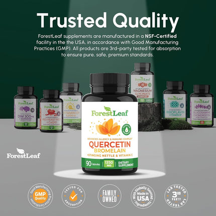 Quercetin 500mg with Bromelain, Vitamin C and Stinging Nettle – Advanced Sinus and Allergy Supplement – Natural Vegetable Capsules – Non GMO, Dairy, Gluten, Egg and Nut Free - by ForestLeaf (180)