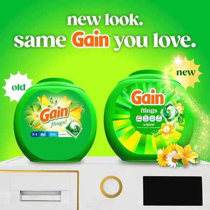 Gain flings! Laundry Detergent Soap Pacs HE Compatible 60 ct Long Lasting Scent Original Scent