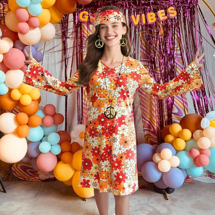 MRYUWB 70s Hippie Dress Costumes Necklace Earrings Sunglass Women Disco Outfit, 60s Party Costume, Halloween Retro Dresses, Flower Power Orange, XX-Large