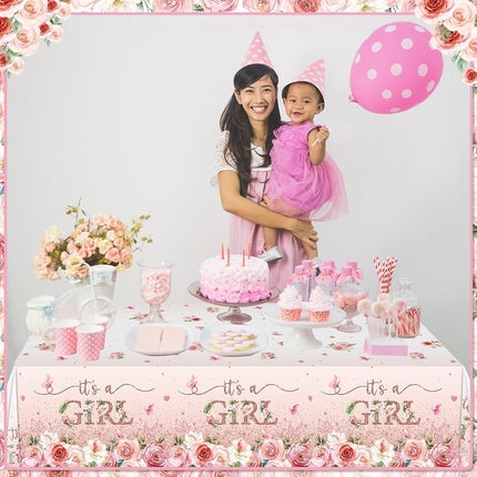 3 Pack Floral Baby Shower Tablecloth Decorations, It's a Girl Baby Shower Decorations, Pink Flower Gender Reveal Decorations for Girl, Plastic Disposable Baby Girls Table Cloth Party Decorations