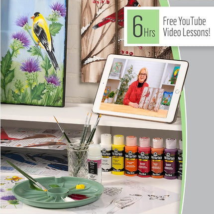FolkArt Birds & Blossoms 2 oz One Stroke Acrylic Kit, 32 Piece Set Including 12 Multi-Surface Paints, 10 Brushes, 6 Teaching Guides, 3 Pattern Sheets & 1 2 fl oz Floating Medium