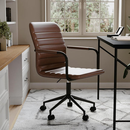 Martha Stewart Taytum Swivel Task Chair with Armrests for Home Office in Saddle Brown Faux Leather with Oil Rubbed Bronze Frame
