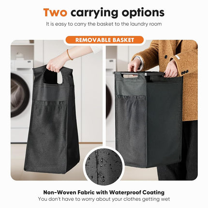 DUMOS Laundry Hamper with 2 Pull-Out Removable Sorter Bags, Movable Wheels, Freestanding Clothes Basket Organizer in Bathroom, 2 × 13.1Gal (99L) Capacity, Rustic Brown and Black