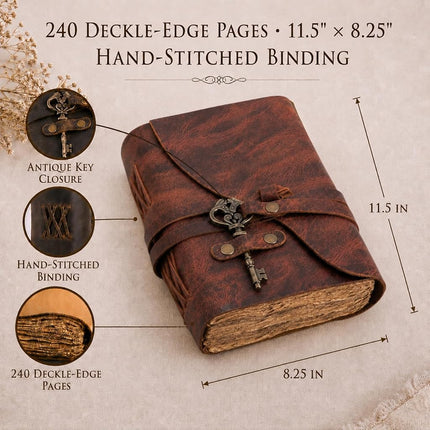 Vintage Leather Journal - Antique Handmade Deckle Edge Vintage Paper Leather Bound Journal - Book of Shadows Journal - Leather Sketchbook - Drawing Journal - Great Gift (Red Brown, 11.5"x8.25")