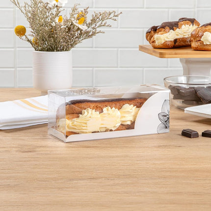 Restaurantware-7 Inch x 2.5 Inch Clear Dessert Boxes, 100 White Paper Sleeve Transparent Candy Boxes - Lotus Accent, No Grease Lining, Clear Plastic Clear Favor Boxes, Crack Resistant, Disposable