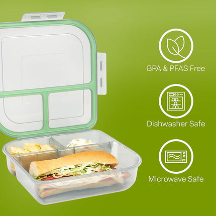 MyGo Container Large To-Go 3-Compartment Food Container, 9-3/8" X 9-3/8" X 2-1/2", Reusable, Microwave Safe, NSF Certified, Smoke/Green