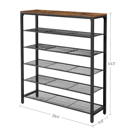 VASAGLE 6-Tier Shoe Rack, Shoe Organizer for Closet, Entryway, 24-30 Pairs of Shoes, Large Shoe Rack Organizer with 5 Metal Mesh Shelves, 11.8 x 39.4 x 43.3 Inches, Rustic Brown and Black ULBS016B01