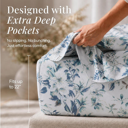Tribeca Living VERN4PSSQUBL Extra Deep Pocket Sheet Set, Queen, Vernazza Blue/Multi