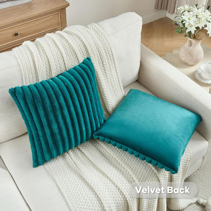 FUTEI Pack of 2 Fluffy Faux Fur Throw Pillow Covers 20x20 Inch Elegant Striped Textured Decorative Cushion Cases Modern Accent Pillow for Couch Bed Living Room, Teal
