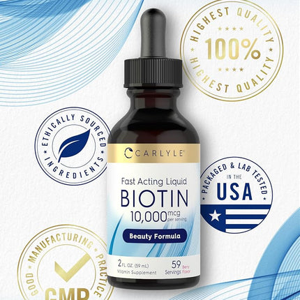 Liquid Biotin 10000mcg Extra Strength Drops | 2 oz | for Hair, Skin, Nails | Vegetarian, Non-GMO, Gluten Free Supplement | by Carlyle