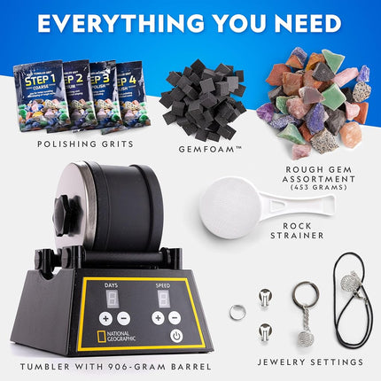 National Geographic Professional Rock Tumbler Kit- Advanced Features Include Shutoff Timer and Speed Control - 907 Gram Barrel, 453 Grams of Gemstones, 4 Polishing Grits, GemFoam, Jewelry Fastenings