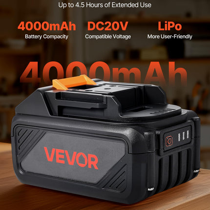 VEVOR 20V MAX, Portable Battery and Charger Combo, AC 110V, 4.0 Ah Lithium-Ion Battery Pack, 4000 mAh Large Capacity, Extended Runtime, Compatible with Series Tools, for Replacement and Fast Charging