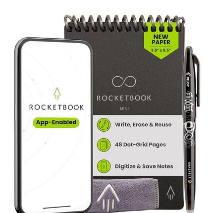 Rocketbook New Mini Reusable Smart Notepad, Pocket Size Notebook 3.5x5.5, Black - Dotted Pages, App-Connected, Erasable, Ideal for On-The-Go List Taking & Quick Notes Anywhere