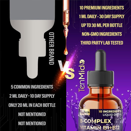 10in1 Vitamin B Complex Liquid Drops with B1 Thiamine, B12 Methylcobalamin, B2 Riboflavin, B3 Niacinamide, B5 Pantothenic Acid, B6 Pyridoxine, B7 Biotin and More - 30ml 1 Fl Oz