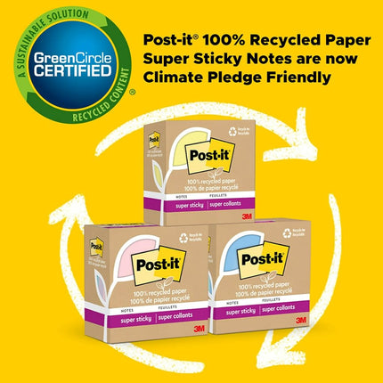 Post-it 100% Recycled Paper Super Sticky Notes, 2X The Sticking Power, 4x6 in, Lined, 4 Pads/Pack, 45 Sheets/Pad, Wanderlust Pastels Collection (4621R-4SSNRP)