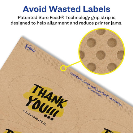 Étiquettes ovales Avery kraft marron avec alimentation Sure Feed, 5,1 x 8,5 cm, 400 étiquettes kraft marron, imprimables jusqu'au bord, pour imprimantes laser/jet d'encre