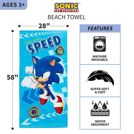 Franco Kids Super Soft Cotton Beach Towel, 28 in x 58 in, Sonic The Hedgehog