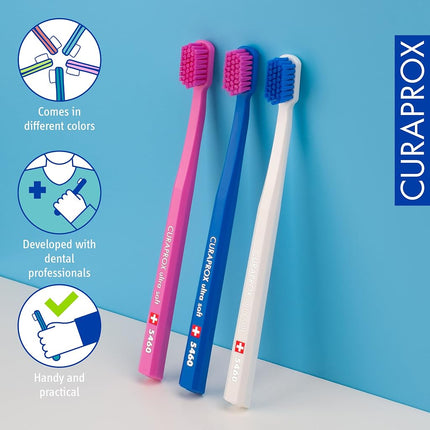Curaprox Toothbrush Set CS 5460-3-pack Ultra Soft Manual Toothbrush for adults with 5460 Curen Bristles - Random Color (3 Pack)