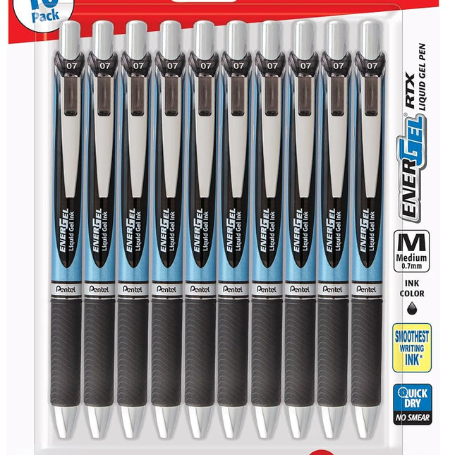 Pentel EnerGel RTX Retractable Premium Liquid Gel Pen, (0.7mm) Needle Tip, Ultra Smooth, Medium Line, Black Ink 10 Pack