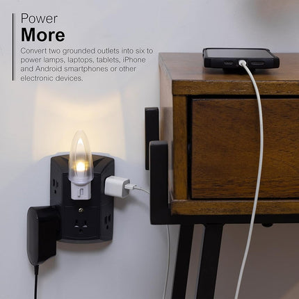 GE 6-Outlet Extender, Grounded Wall Tap, Reset Button, Circuit Breaker, Adapter Spaced Outlets, 3-Prong, Quick and Easy Install, UL Listed, White, 56575