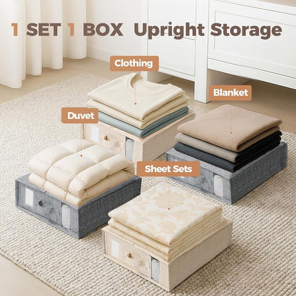 ZenStorage 6 Pack Foldable Sheet Set Organizer with Clear Windows and Labels, Beige, 15.16"L x 12.99"W x 4.65"H, King & Queen Size Sheet Organizer for Linen Closet, Dustproof