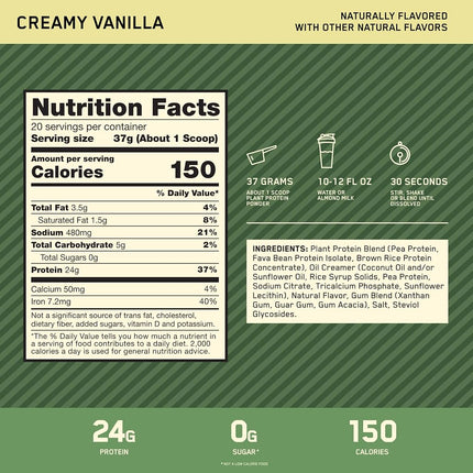 OPTIMUM NUTRITION Gold Standard 100% Plant Protein Creamy Vanilla, 727g, 20 Serve - [2024/2025 plastic neck band packaging may vary]
