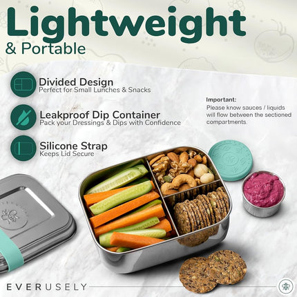 Everusely - Bento Box - Green, 37oz / 1.1 L - Stainless Steel Lunch Box with Leakproof Condiment Container - 3 Compartment Snack Organizer for On the Go Meals - Freezer & Dishwasher Safe