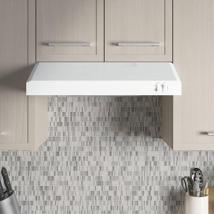 GE 24in. Under Cabinet Range Hood, convertible Duct, 2 Speed Exhaust Fan, Front Control and Reusable Filter, White