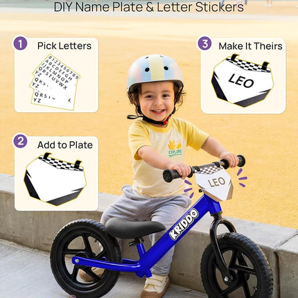KRIDDO Toddler Balance Bike 2 Year Old, Age 18 Months to 5 Years Old, 12 Inch Push Bicycle with Customize Plate (3 Sets of Stickers Included), Steady Balancing, Gift Bike for 2-3 Boys Girls, Blue