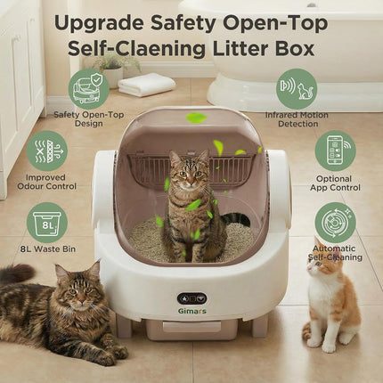 Gimars Open Top Design Self Cleaning Litter Box, Automatic Cat Litter Box for Multiple Cats & Senior Cats, App Control with Safety Sensors, Low Odor, Includes Trash Bags & Litter Mat, Champagne